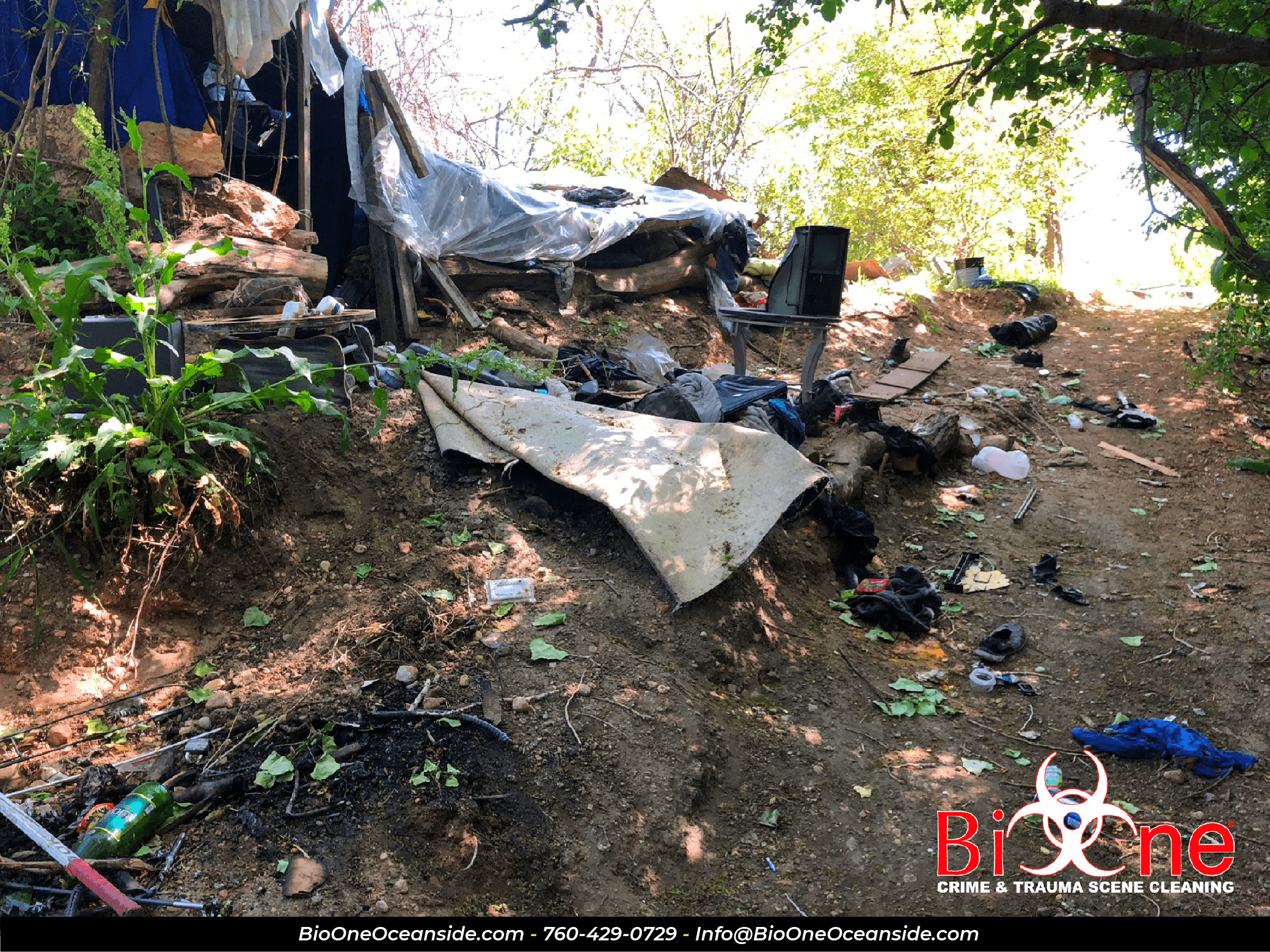 Image shows trash and debris found in a homeless encampment.