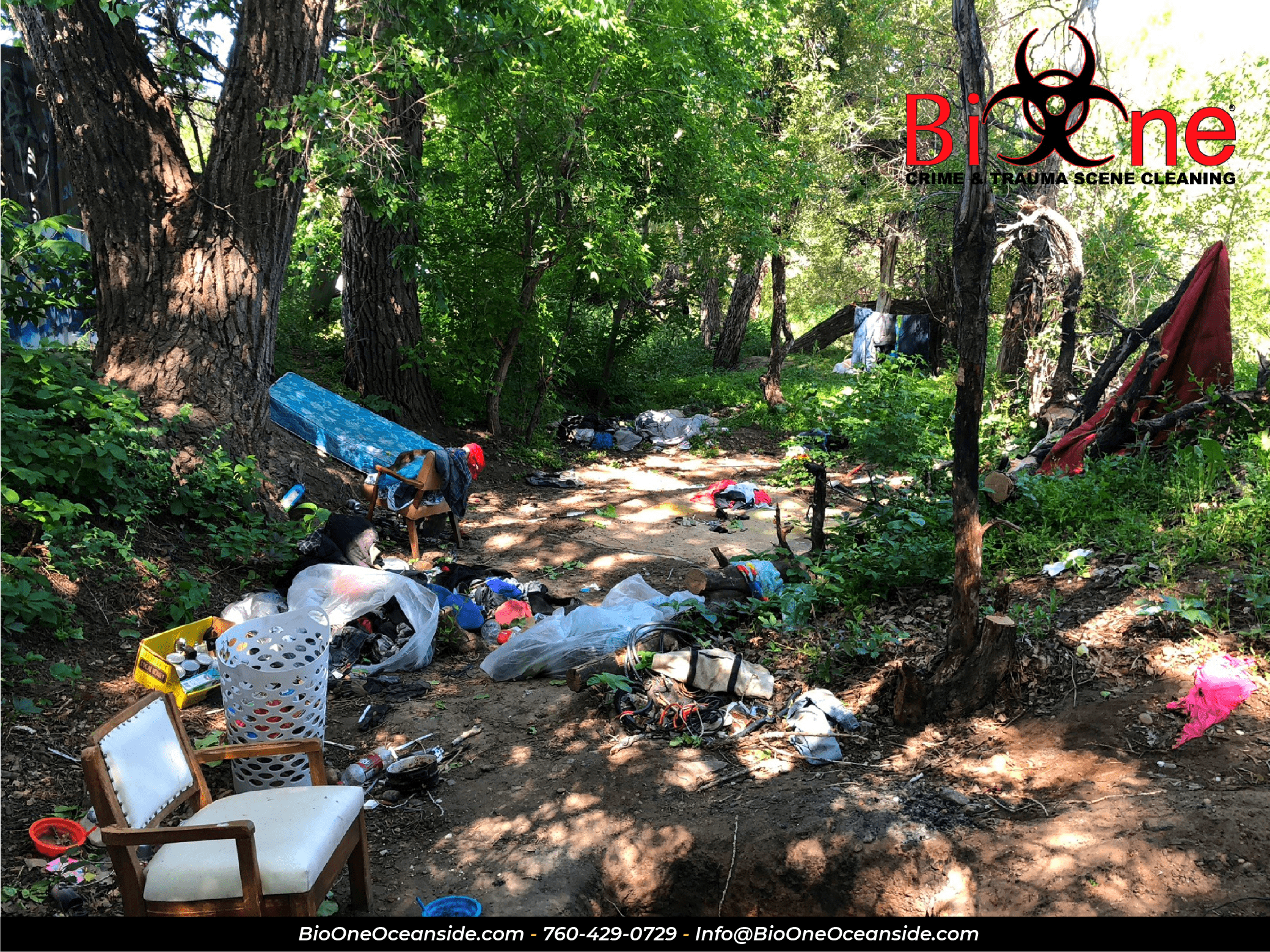 Image shows furniture and other items found in a homeless encampment.