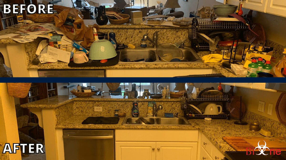 Picture is divided in two parts and shows a 'before/after' scenario. The first half shows the 'before' image, a kitchen space with multiple items scattered around. The second half shows the 'after' image of the same space once it was cleaned with the help of the Bio-One Team. On the bottom right corner is the Bio-One logo.