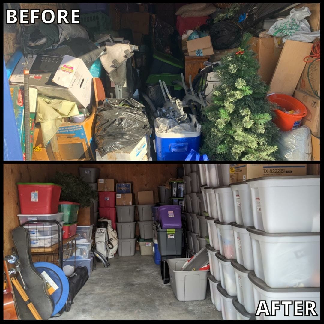 Image shows before-and-after pics of a cluttered garage, and then, organized by the Bio-One Team. 