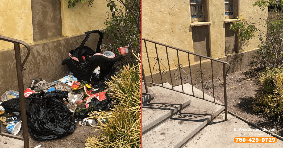 Homeless encampment cleanup before and after with Bio-One of Oceanside.
