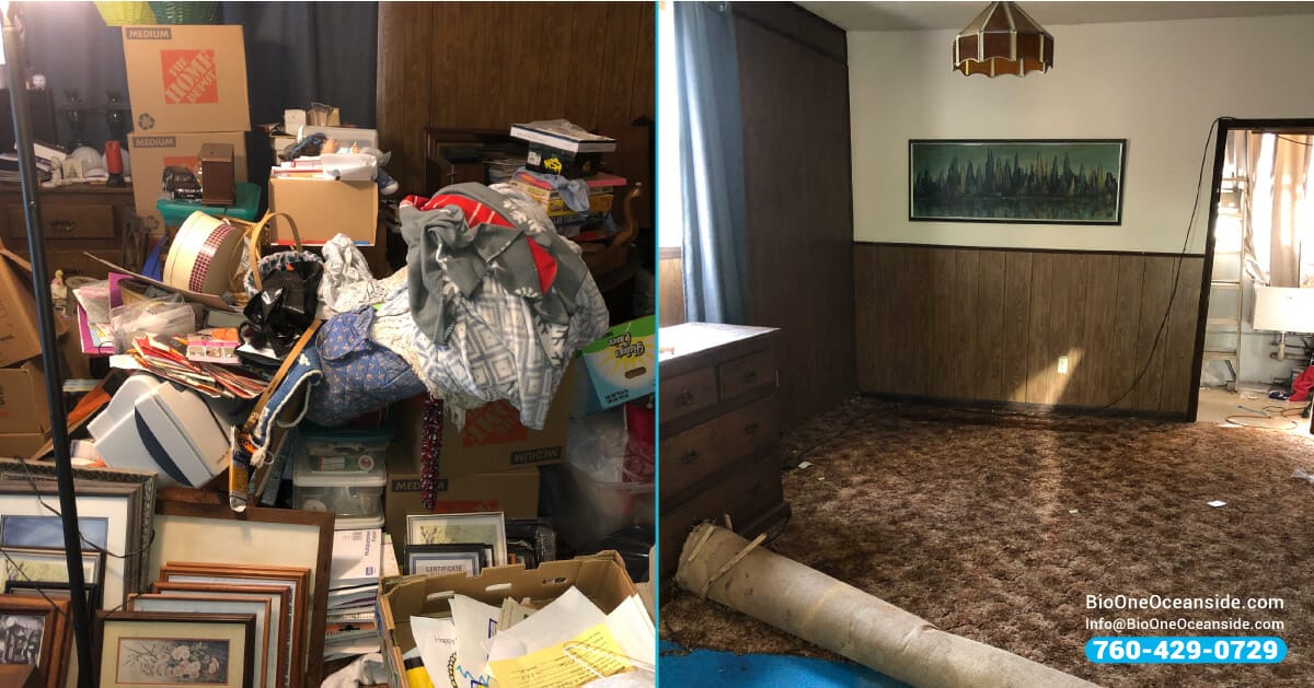 bio one of oceanside's hoarding clean up technicians - before and after scenario.
